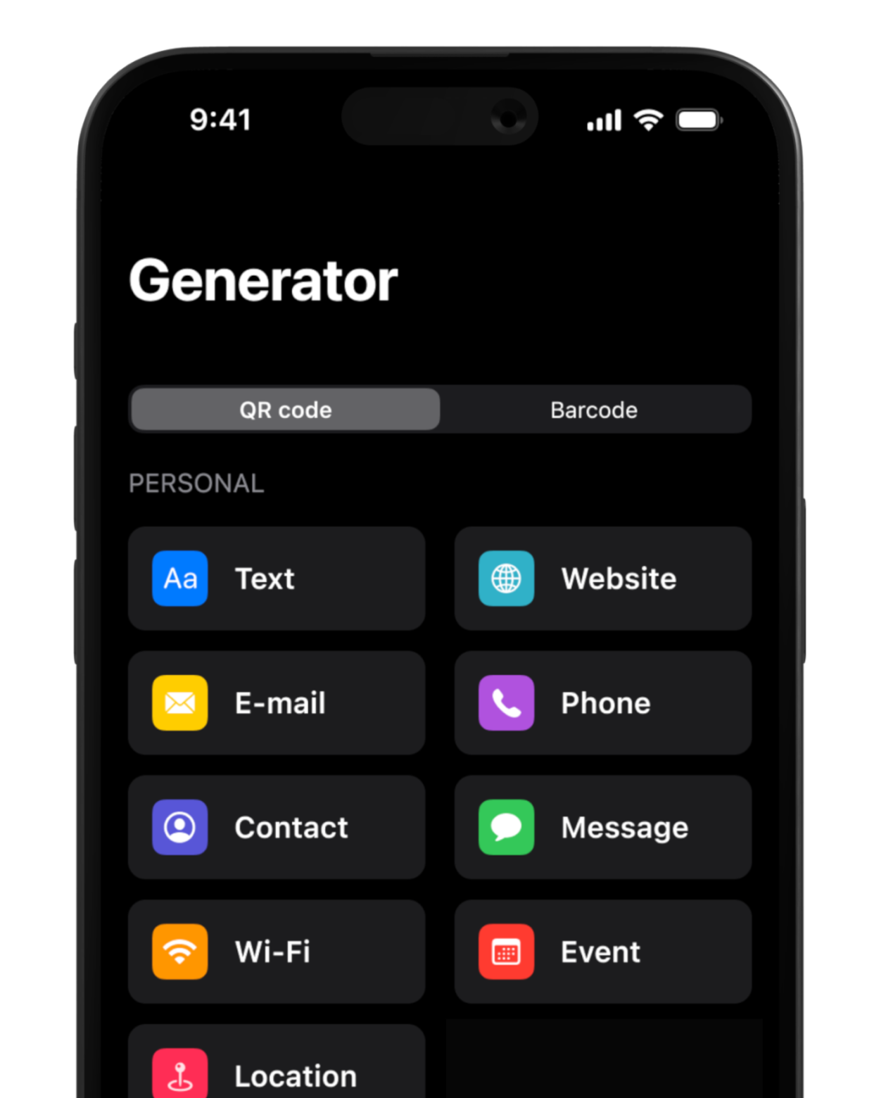 QR code generator screen on iPhone